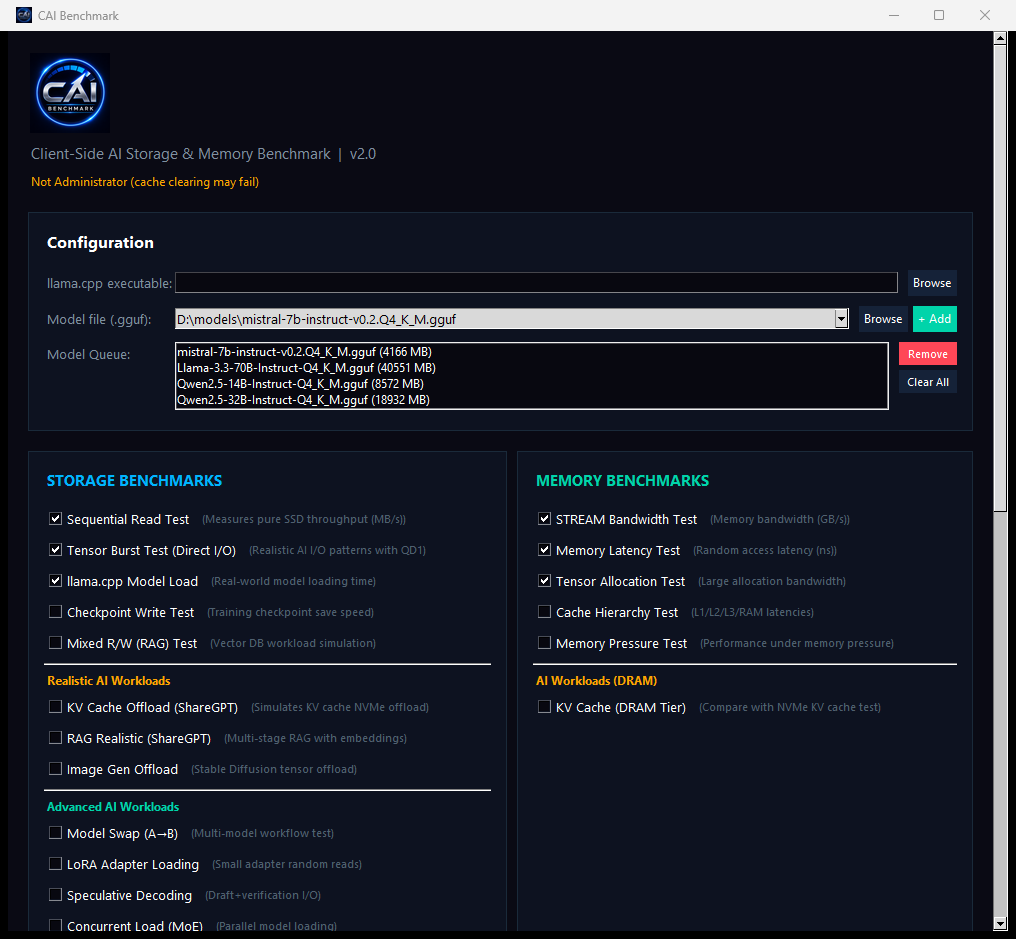 CAI Benchmark GUI: workload selection, run controls, and live score cards